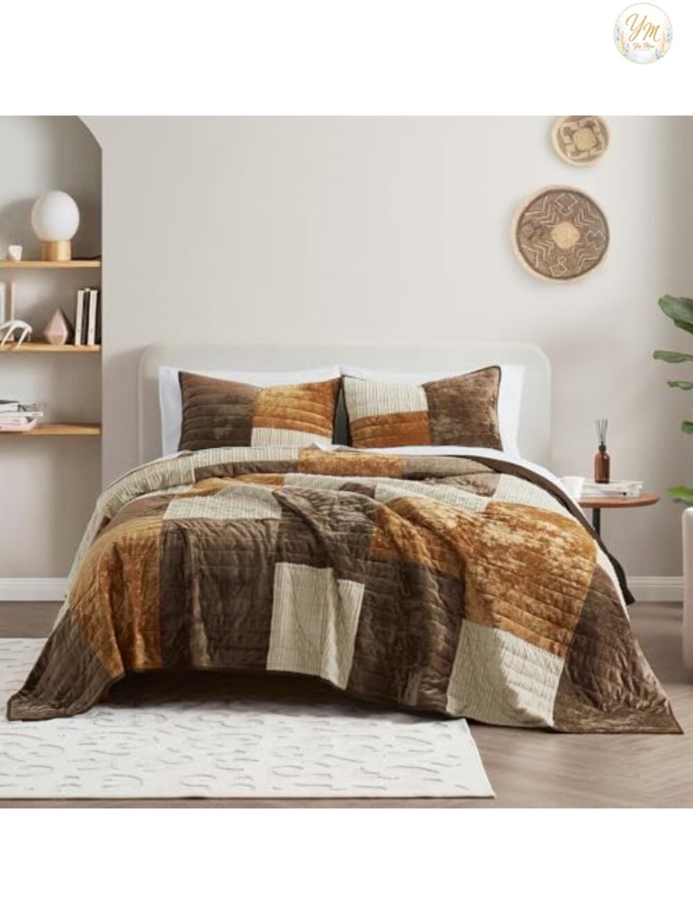 3-Piece Velvet Patchwork Quilt Set Queen, Polyester, Lightweight, Pet-Friendly,